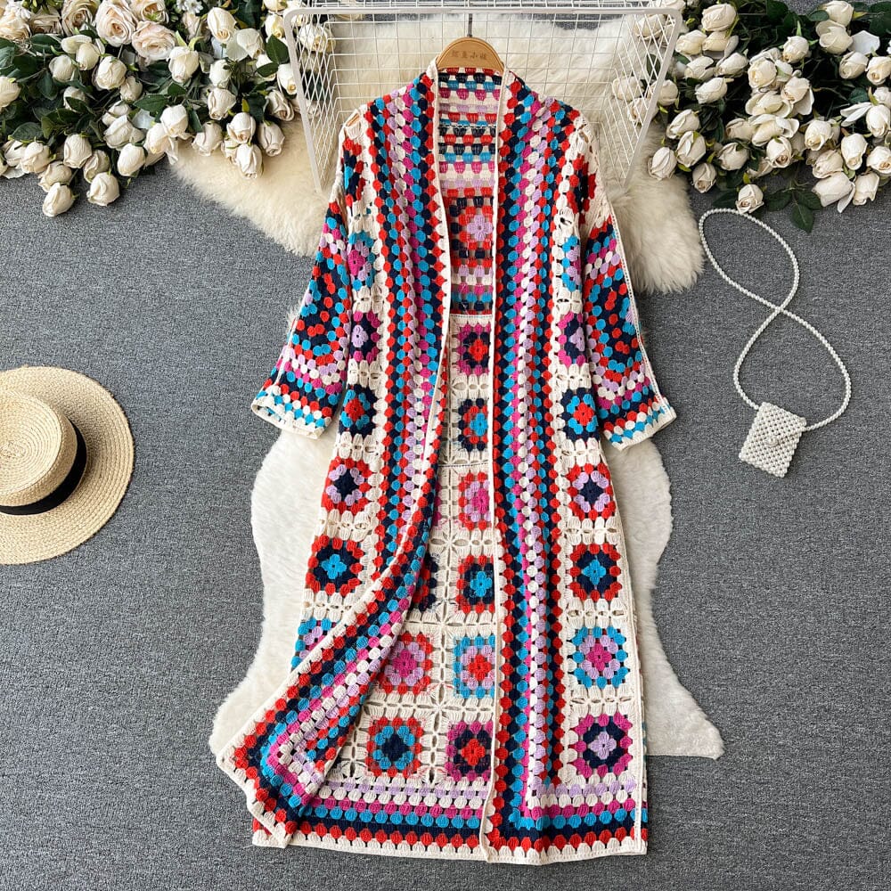 Bohemia Colored Plaid Flower Granny Square Hand Crochet Open Front Long Cardigan_ jehouze Red 