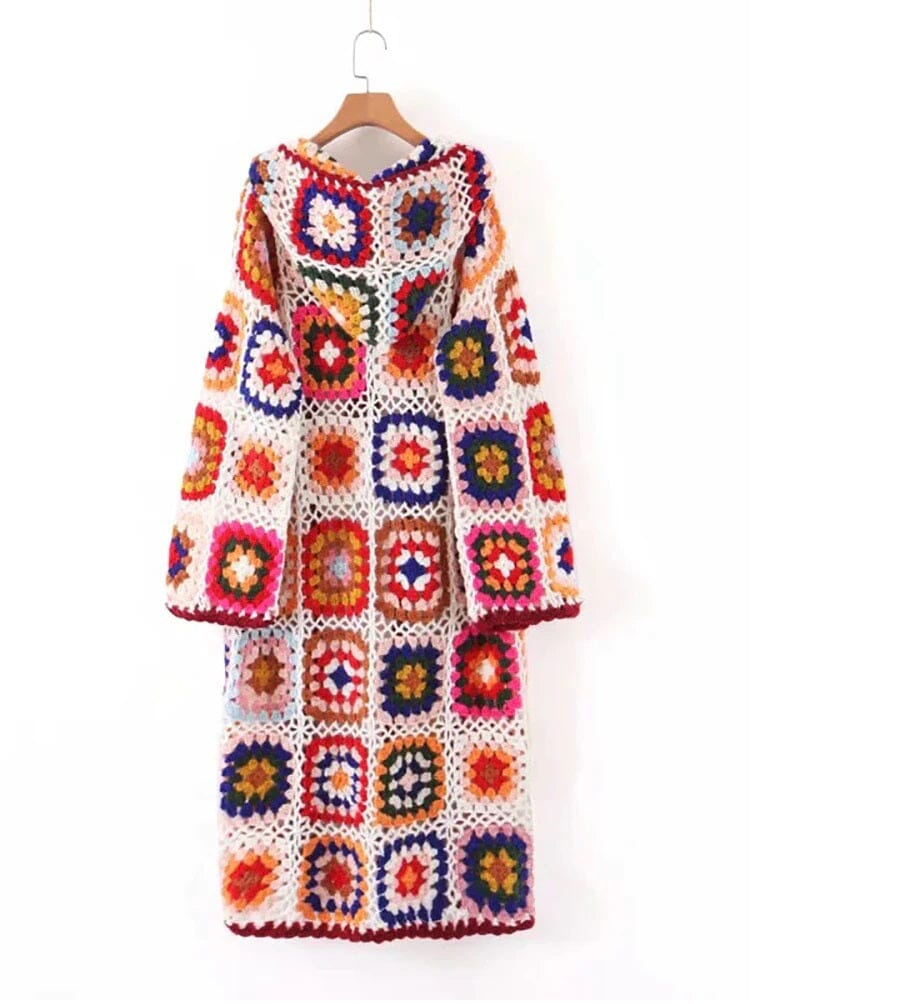 Bohemia Colored Plaid Flower Granny Square Hand Crochet Hooded Sweater Long Cardigan_ jehouze 