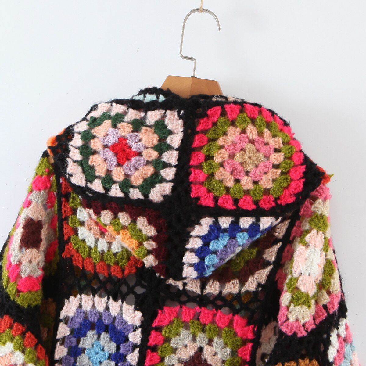 Bohemia Colored Plaid Flower Granny Square Hand Crochet Hooded Sweater Long Cardigan_ jehouze 