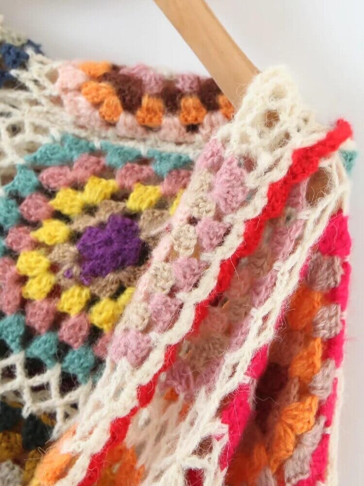 Bohemia Colored Plaid Flower Hand Crochet Hooded Short Cardigan_ Coats & Jackets jehouze 