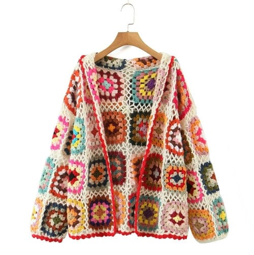 Bohemia Colored Plaid Flower Hand Crochet Hooded Short Cardigan_ Coats & Jackets jehouze One Size white 