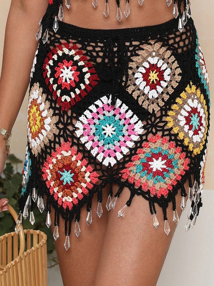 Bohemia Hand Crochet Summer Beach See through Sexy Cover up Swimwear_ Outfit Sets jehouze Skirt 