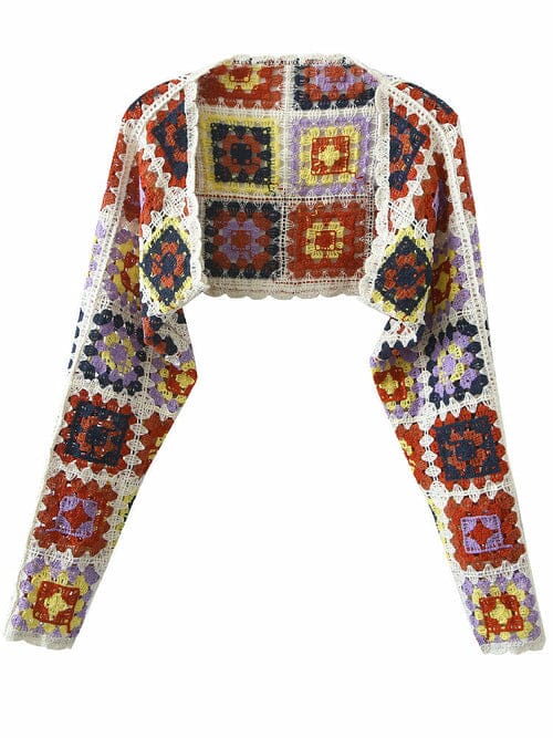 Bohemia Plaid Hand Crochet Colorful 3/4 Sleeves knit Shrugs Bolero Cardigan_ jehouze One Size Apricot 