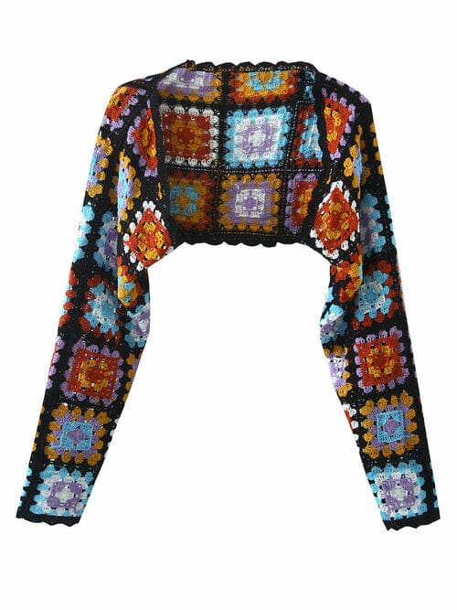Bohemia Plaid Hand Crochet Colorful 3/4 Sleeves knit Shrugs Bolero Cardigan_ jehouze One Size Black 