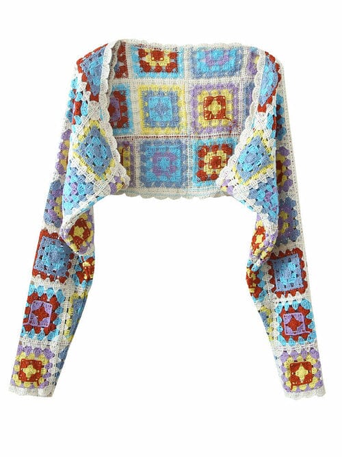 Bohemia Plaid Hand Crochet Colorful 3/4 Sleeves knit Shrugs Bolero Cardigan_ jehouze One Size Sky Blue 