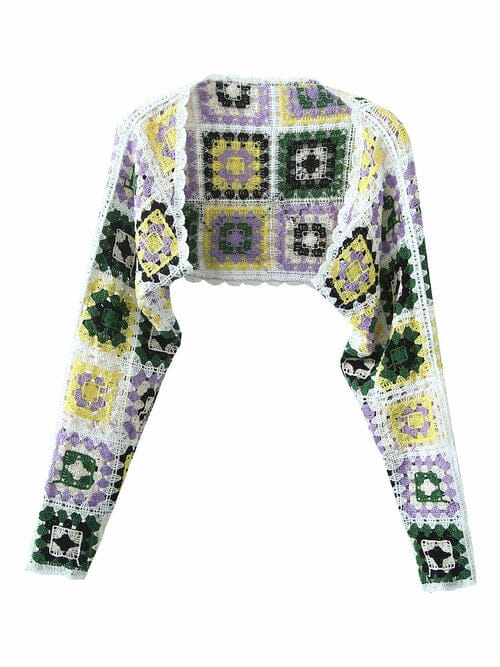 Bohemia Plaid Hand Crochet Colorful 3/4 Sleeves knit Shrugs Bolero Cardigan_ jehouze One Size white green plaid 