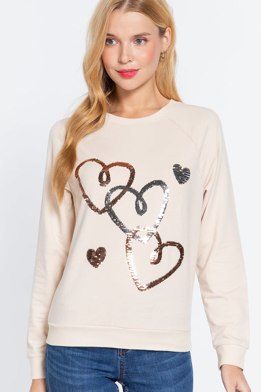 Bone Beige Sequins French Terry Crewneck Sweatshirt Pullover Top_ Shirts & Tops jehouze 