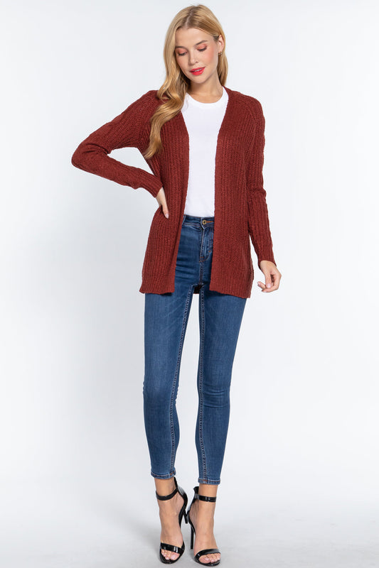 Brick Red Long Sleeve Open Front Sweater Cardigan_ Coats & Jackets jehouze 