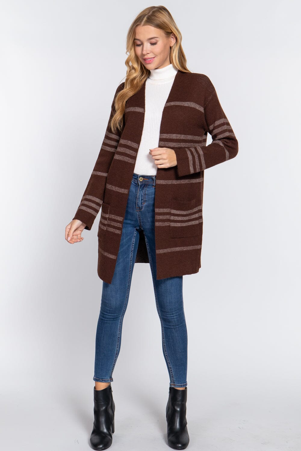 Brown Cream Long Sleeve Stripe Open Sweater Long Cardigan with Pockets_ jehouze 