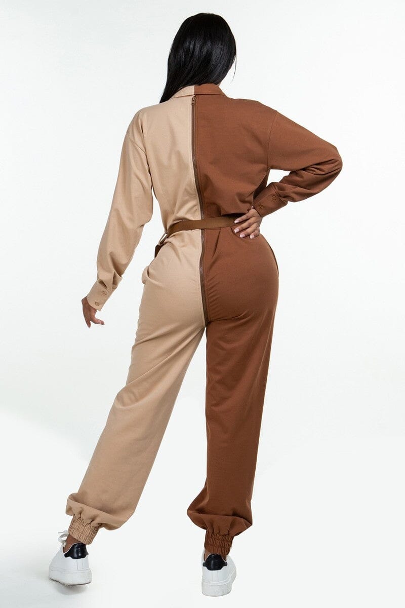 Brown Khaki Contrast Long Sleeve Front Zipper Oversized Cozy Shirt Jumpsuit jehouze 