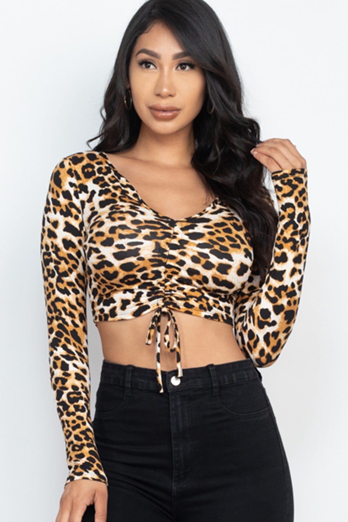 Brown Leopard Print Strap Ruched Front Crop Top_ jehouze 