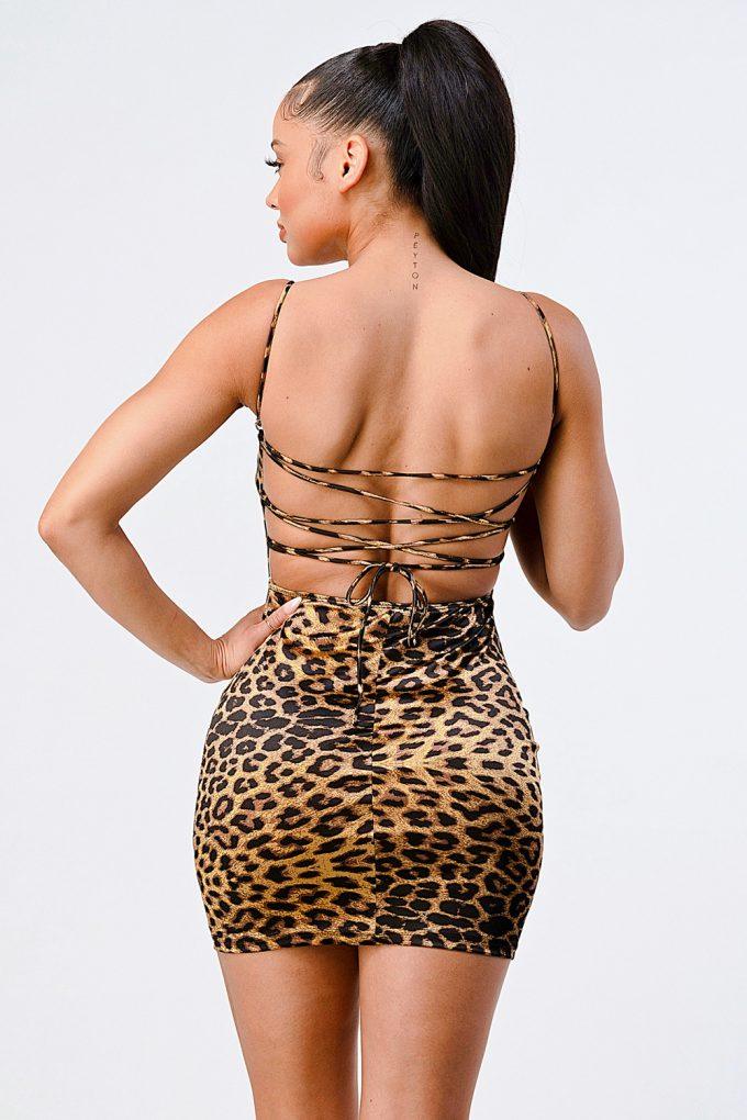 Brown Leopard Spaghetti Strap Backless Bodycon Knit Satin Club Party Mini Dress_ Dresses jehouze 