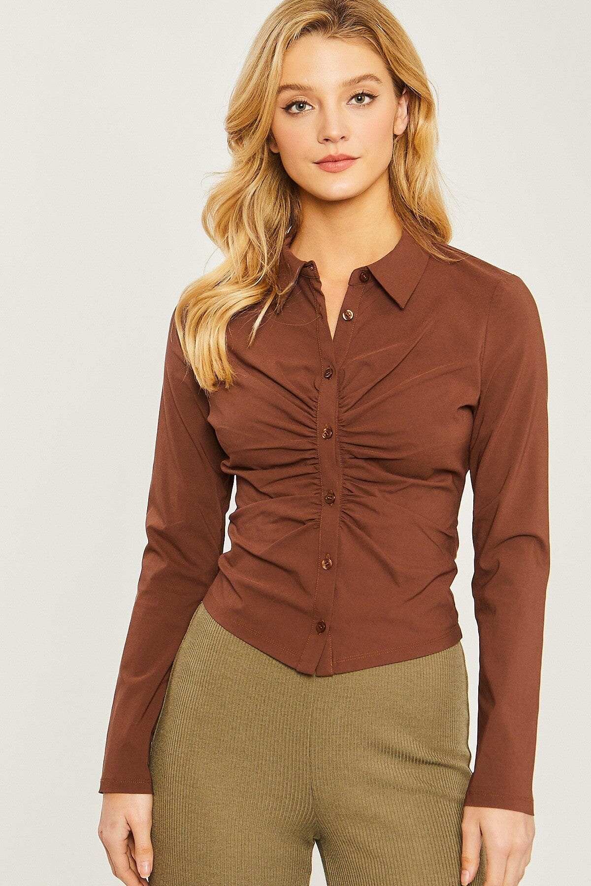 Brown Woven Ruched Front Button Down Collar Long Sleeve Slim Fit Crop Top Shirts Blouse_ Shirts & Tops jehouze 