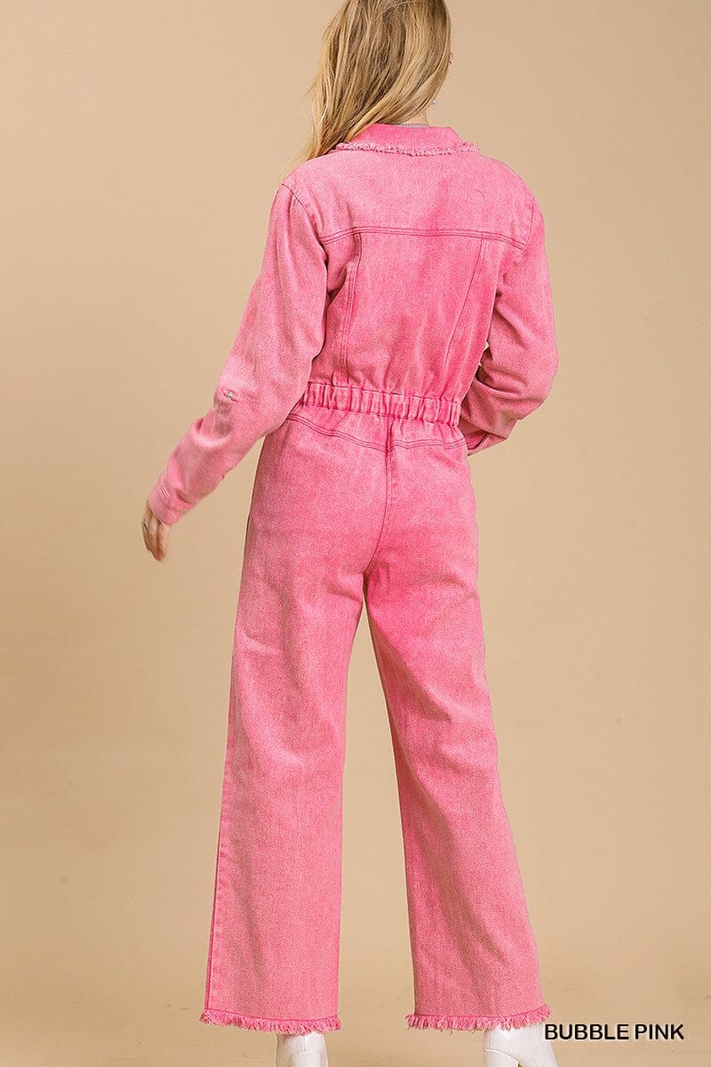 Bubble Pink Mid button down stone wash wide leg distressed jumpsuit & side pockets with no lining_ jehouze 