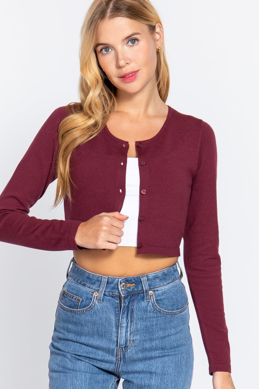 Burgundy Button Down Round Neck Long Sleeve Cropped Cardigan