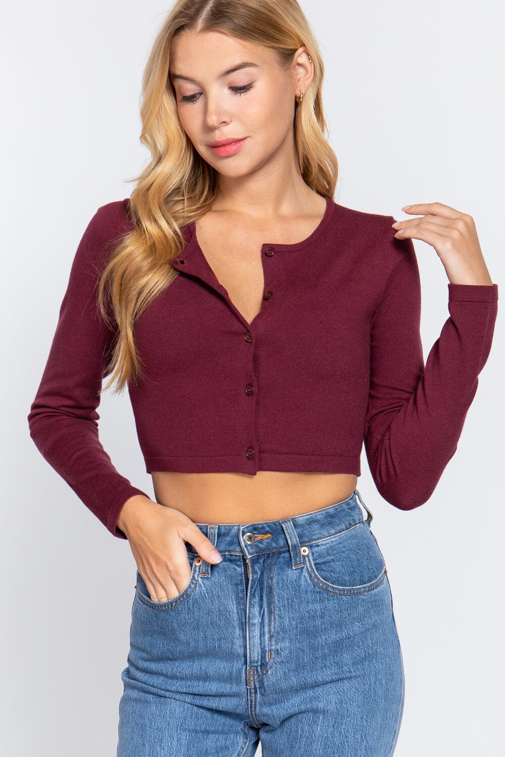 Burgundy Button Down Round Neck Long Sleeve Cropped Cardigan Sweaters_ Shirts & Tops jehouze 