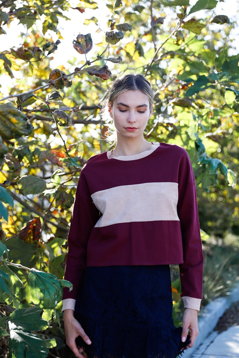 Burgundy Colorblock Long Sleeve Crop Top_ Shirts & Tops jehouze 
