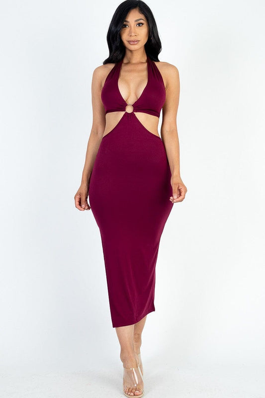 Burgundy Cut-out Halter Neck Double Back Tie Split Thigh Midi Dress_ Dresses jehouze 