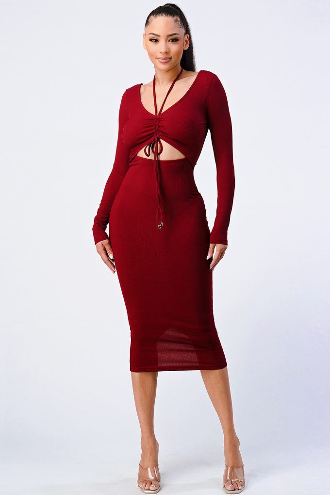 Burgundy Long Sleeve Front Cut out Shirring Pencil Midi Dress_ Dresses jehouze 