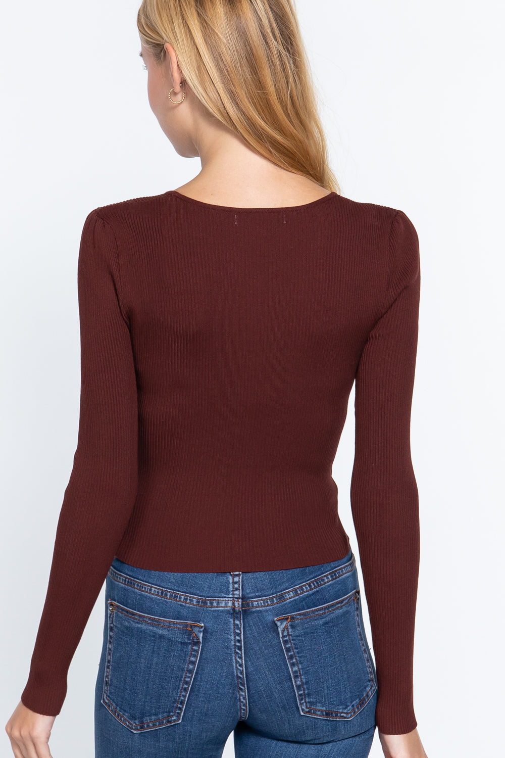 Burgundy Shirring Sweetheart Neck Long Sleeve Elegant Slim Fit Sweater Top_ Shirts & Tops jehouze 