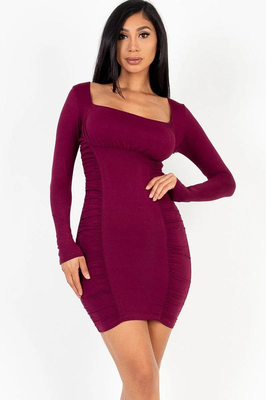 Burgundy Square neck long sleeve ruched bodycon mini dress_ jehouze 