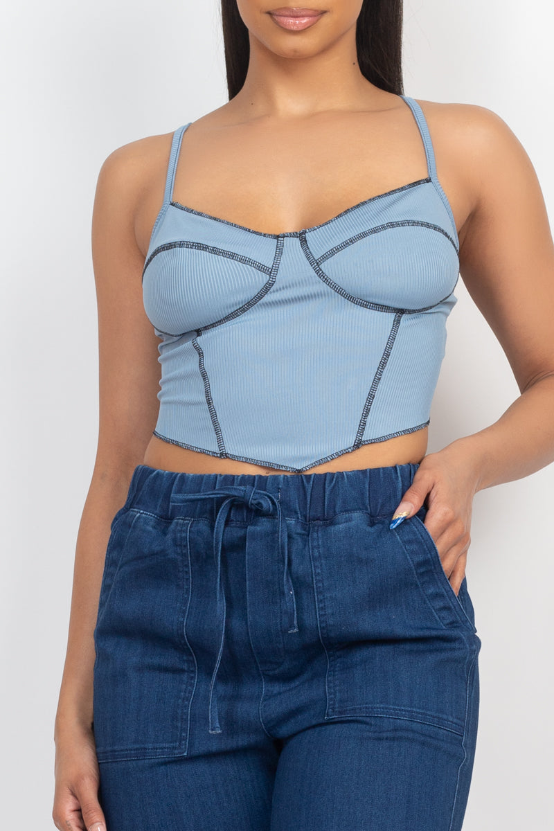 Bustier Sleeveless Ribbed Blue Top_ Shirts & Tops jehouze 
