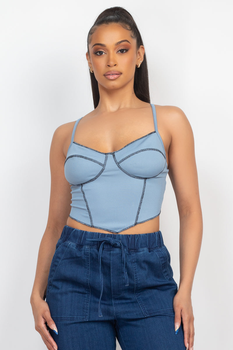 Bustier Sleeveless Ribbed Blue Top_ Shirts & Tops jehouze 