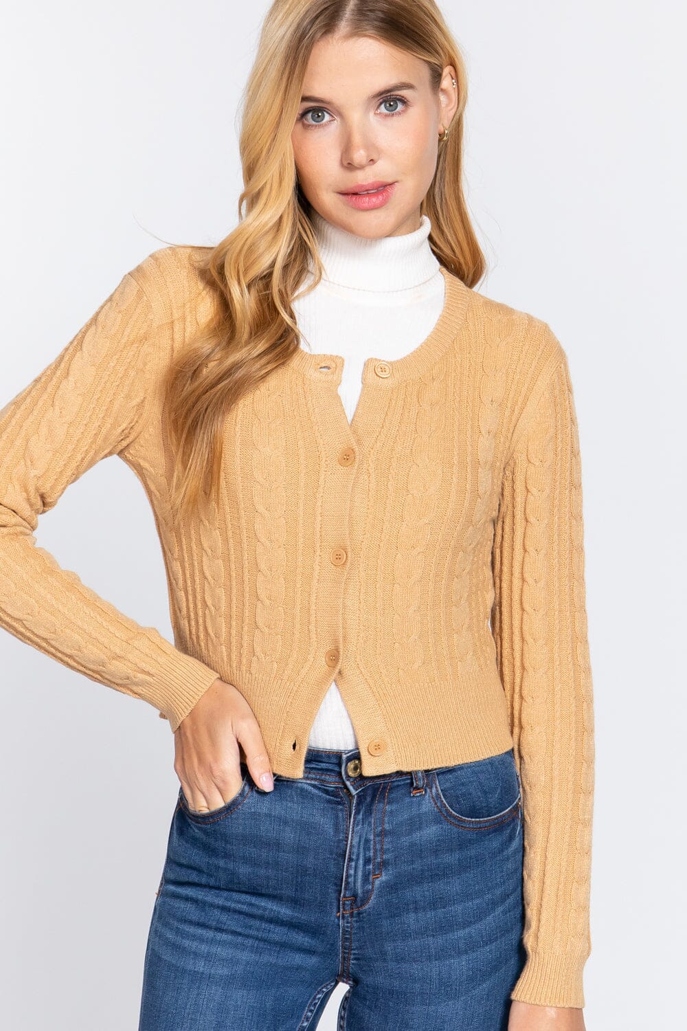 Butter Yellow Long Sleeve Cropped Cardigan Crew Neck Solid Button Down Knit Bolero Shrugs_ Coats & Jackets jehouze 