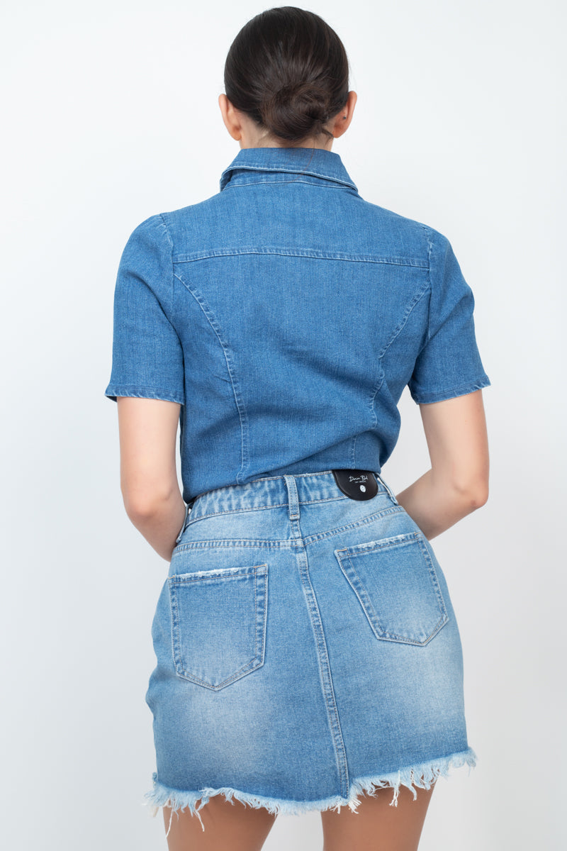 Button-down Collared Denim Top_ Shirts & Tops jehouze 