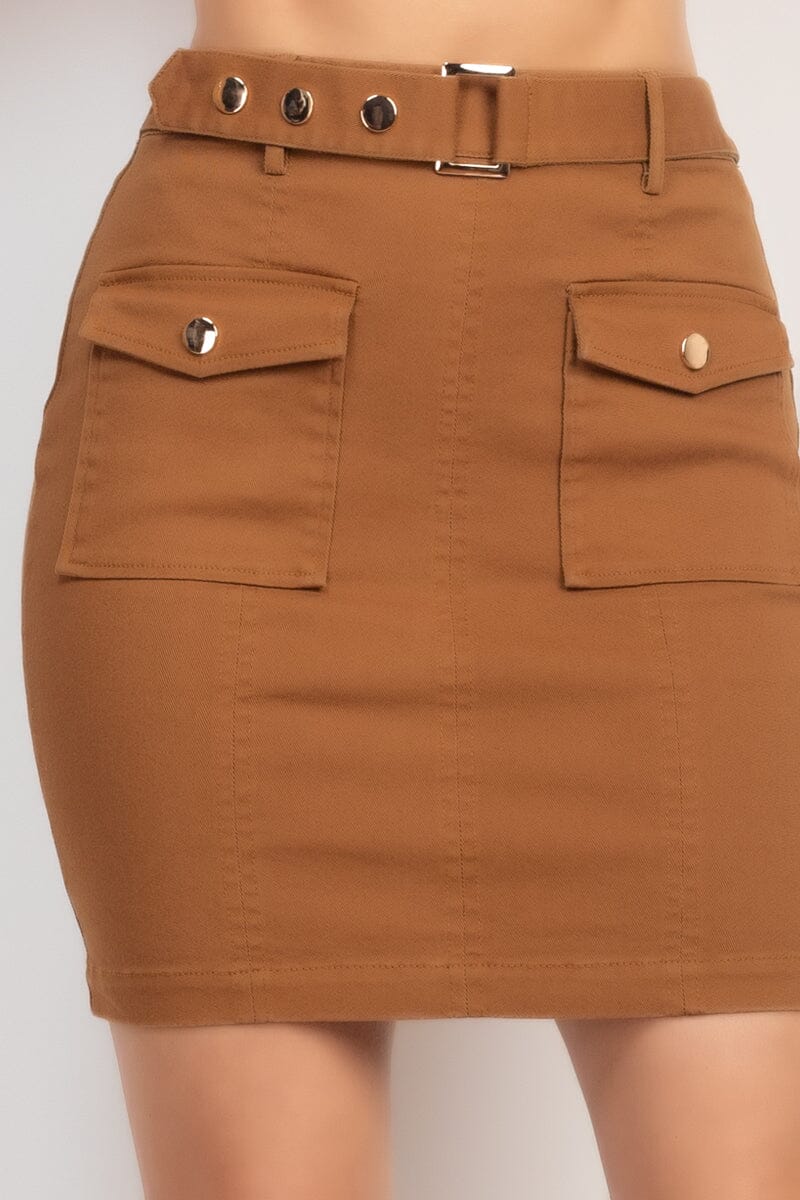 Camel Brown Casual Belted High Rise Pocket Mini Skirt_ Skirts jehouze 