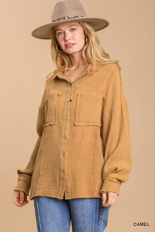 Camel brown Mineral wash button down top with high low hem_ jehouze 