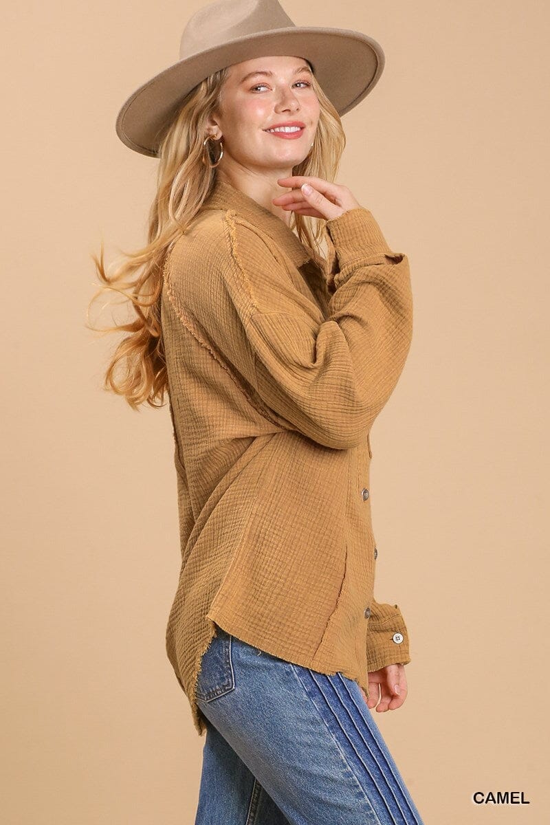 Camel brown Mineral wash button down top with high low hem_ jehouze 