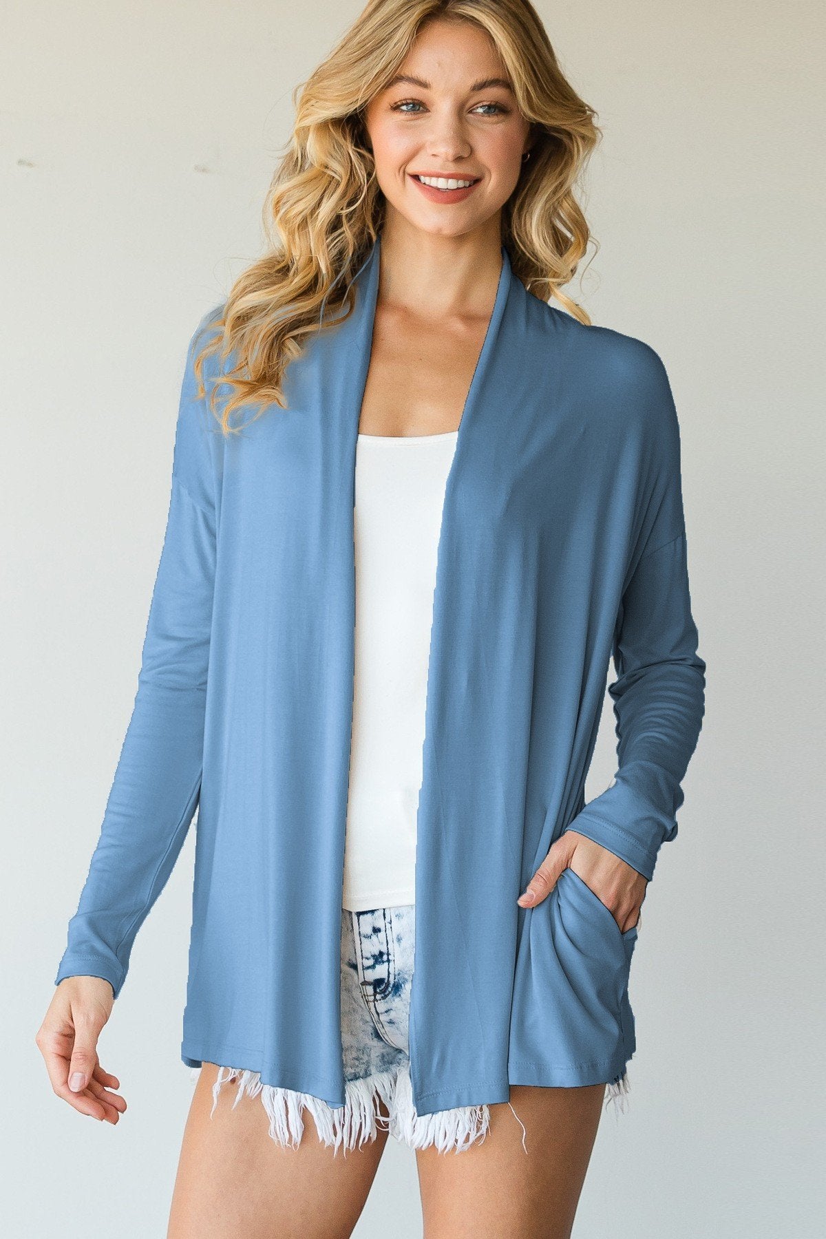 Casual Blue Cardigan Featuring Collar And Side Pockets_ Coats & Jackets jehouze 