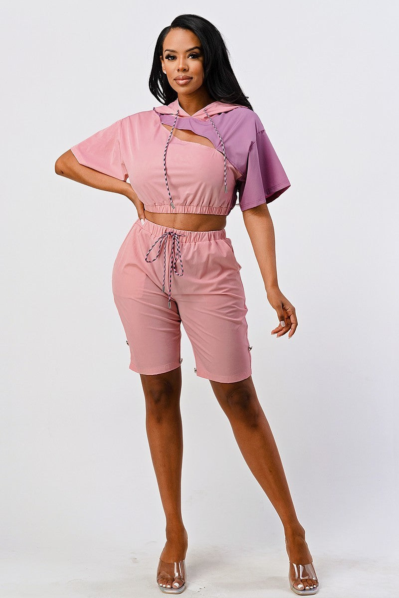 Casual mauve 2 piece Color Block With Hoodie Top And detachable pant set_ Matching Sets jehouze 