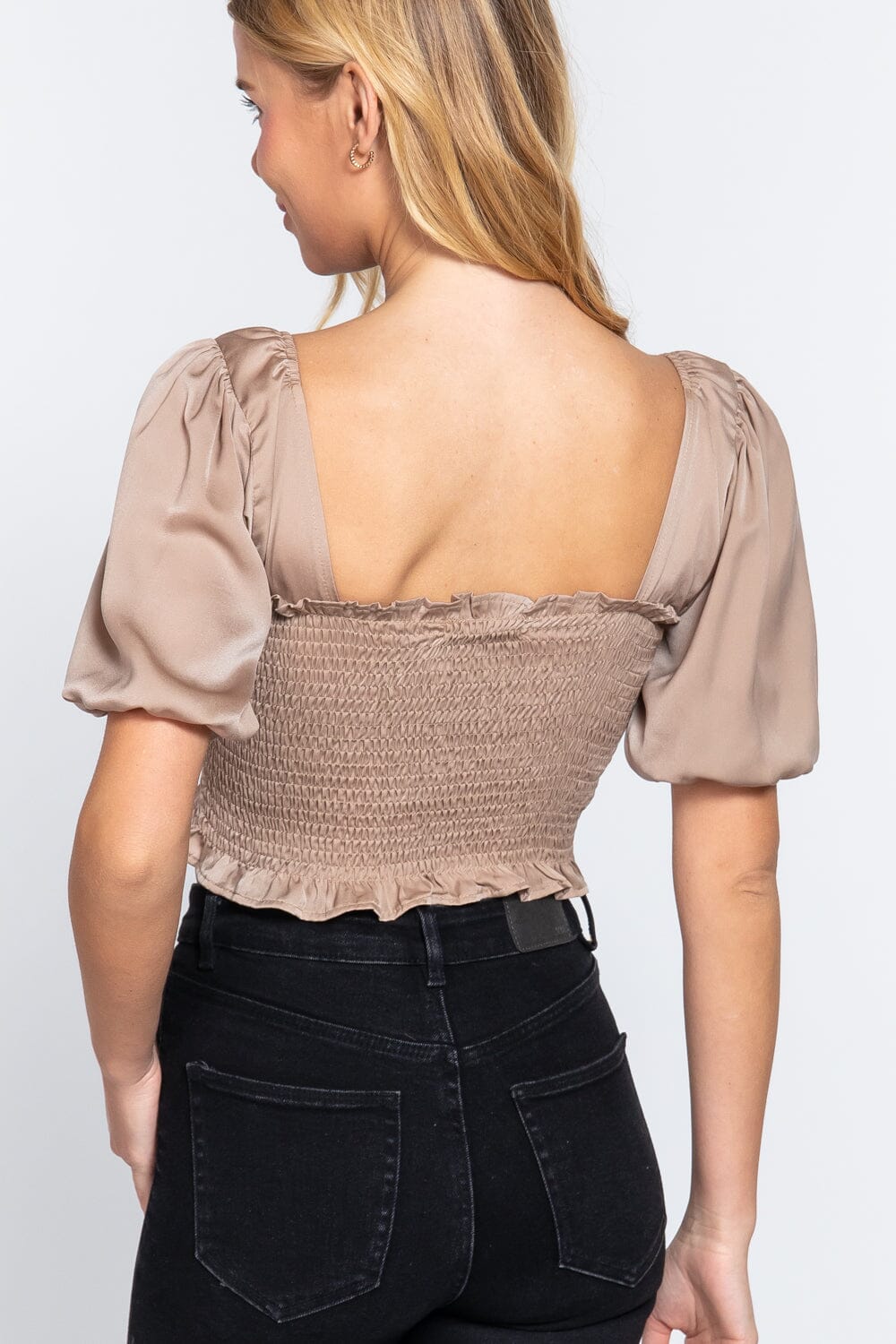 Casual Taupe Frill Smocked Crop Square Neck Short Puff Sleeve Top_ Shirts & Tops jehouze 