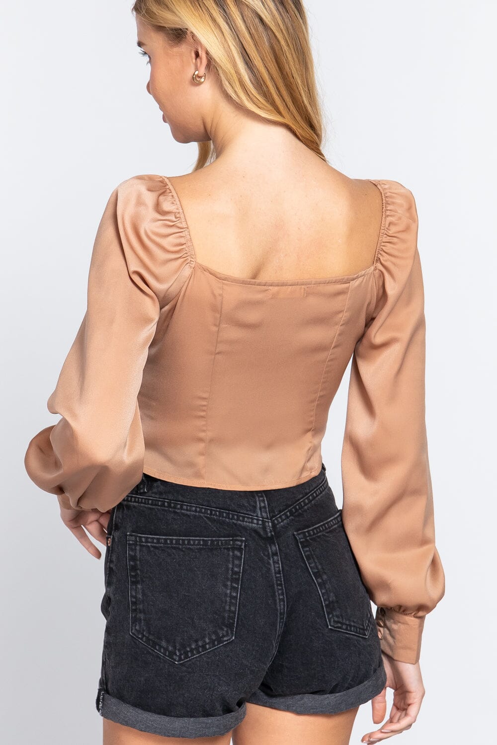 Champagne Light Brown Long Sleeve Sweetheart Neck Front Ribbon Tie Woven Top_ Shirts & Tops jehouze 