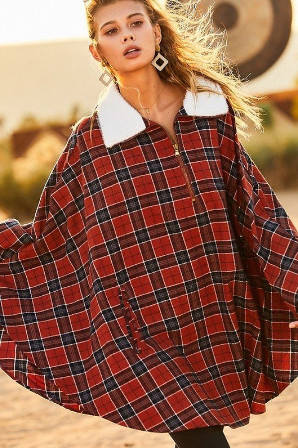 Collar Front Zipper Contrast Front Pocket Plaid Pullover Poncho_ Coats & Jackets jehouze 