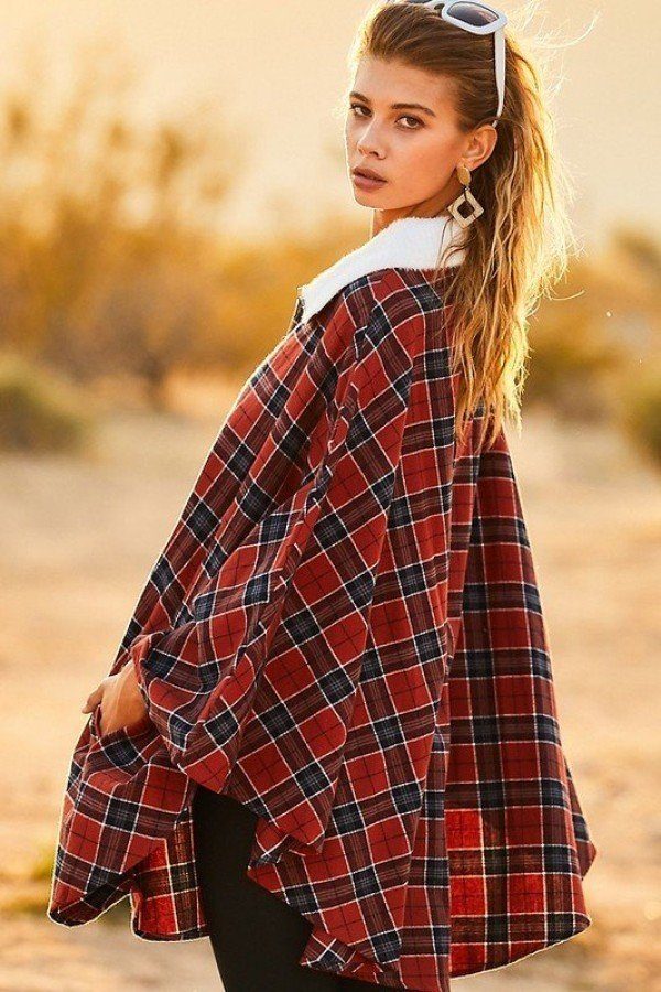 Collar Front Zipper Contrast Front Pocket Plaid Pullover Poncho_ Coats & Jackets jehouze 