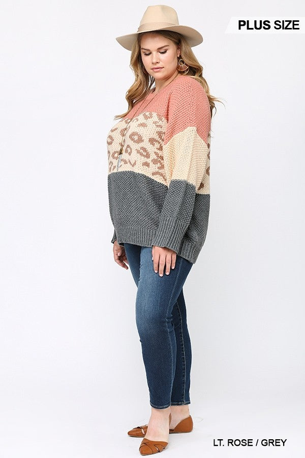 Color Block And Leopard Pattern Mixed Pullover Sweater_ Shirts & Tops jehouze 