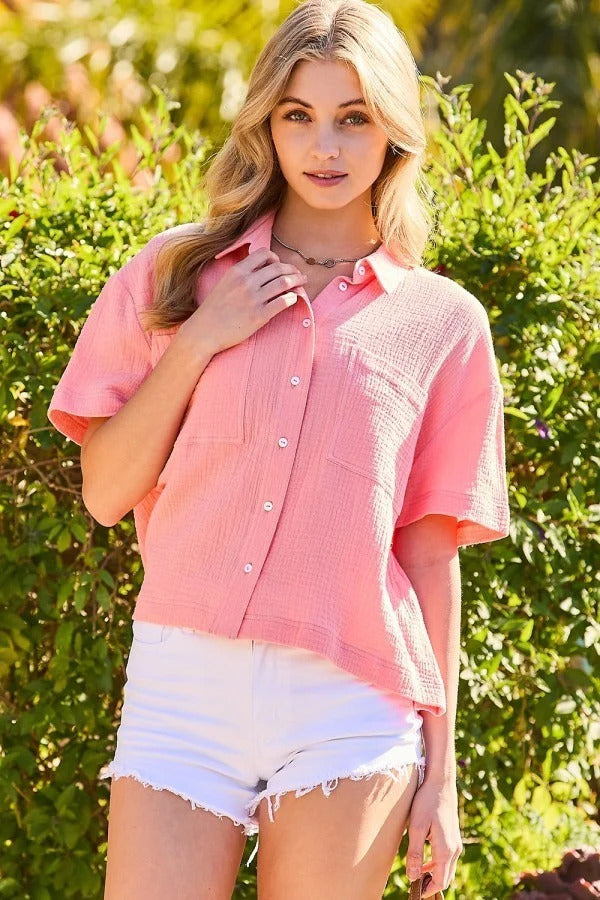 Coral Pink Collar Neck Button Down Front Pockets Solid Cotton Gauze Top_ Shirts & Tops jehouze 