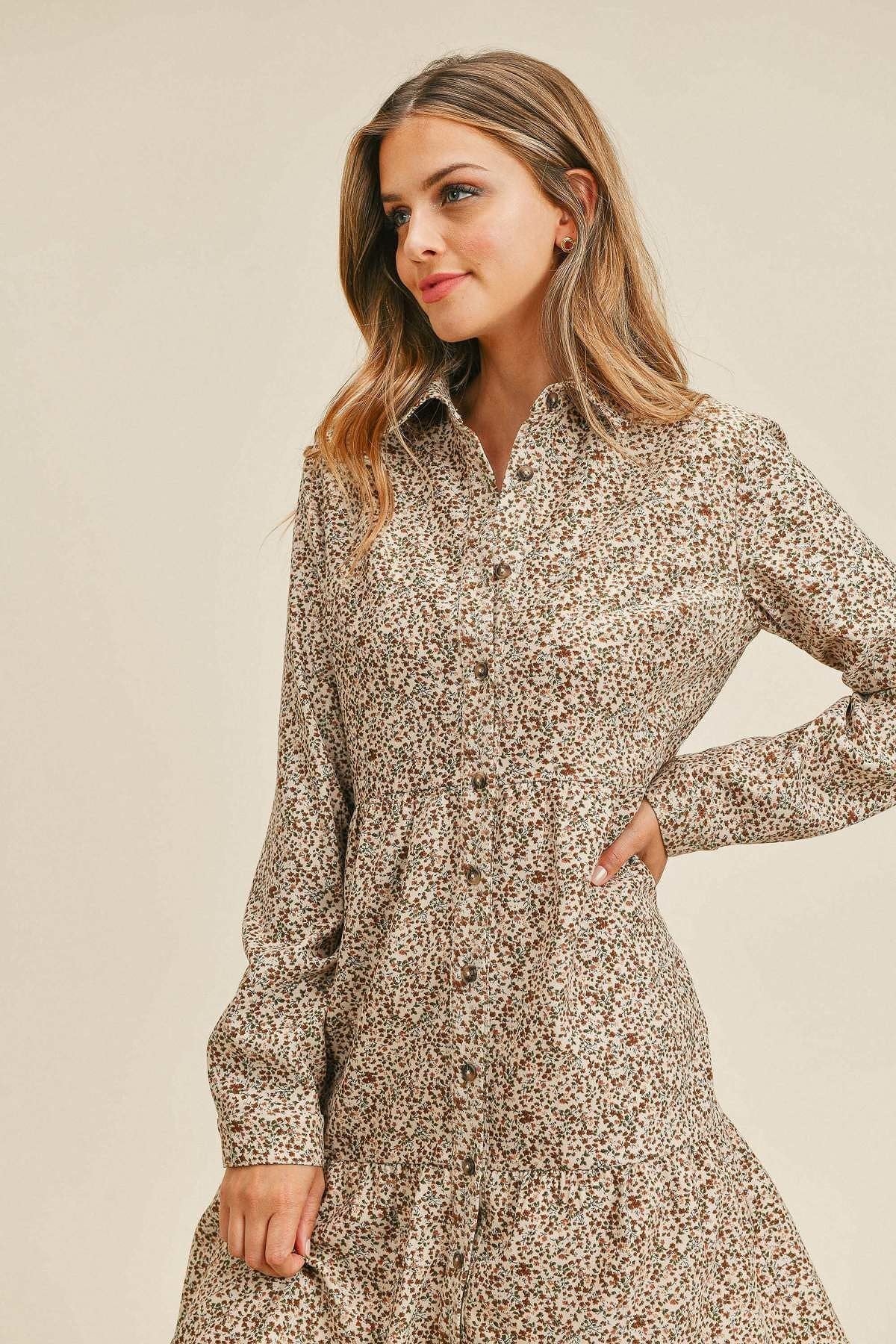 Corduroy Printed Button Down Front Collar Long Sleeve Dress_ Dresses jehouze 