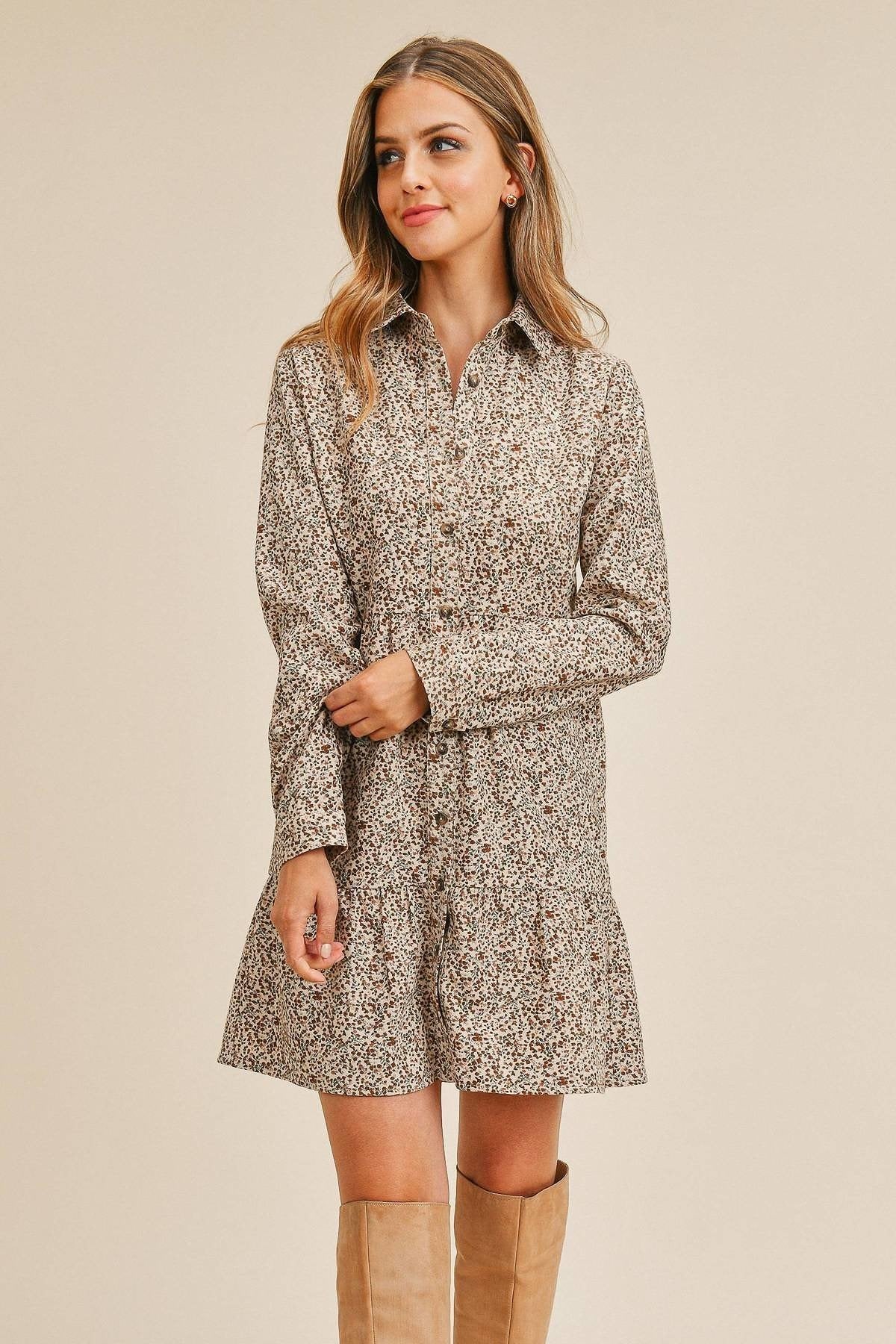 Corduroy Printed Button Down Front Collar Long Sleeve Dress_ Dresses jehouze 