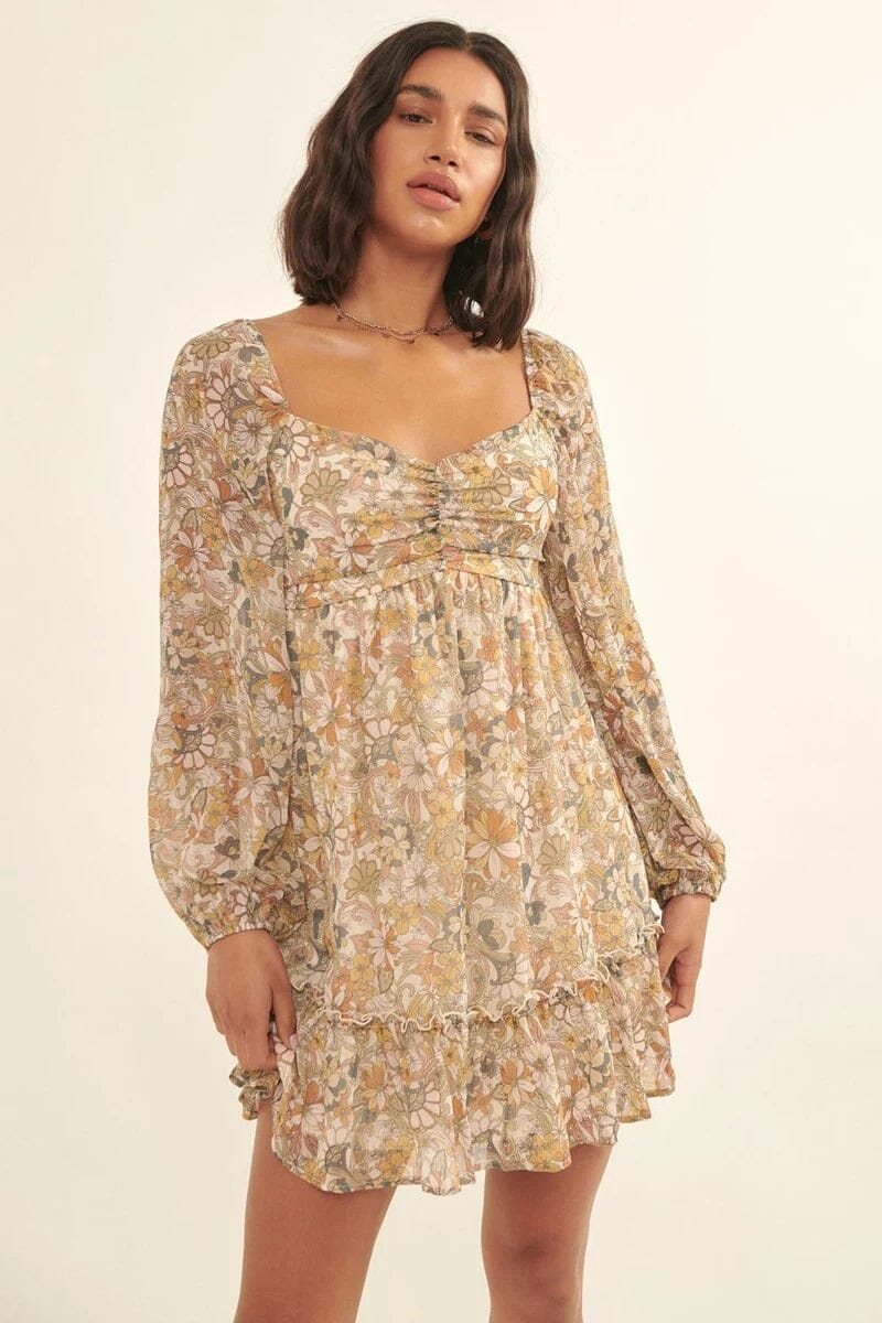 Cream Beige Floral Chiffon Sweetheart Neckline Ruched Bust Long Sleeve Tiered Mini Dress_ jehouze 