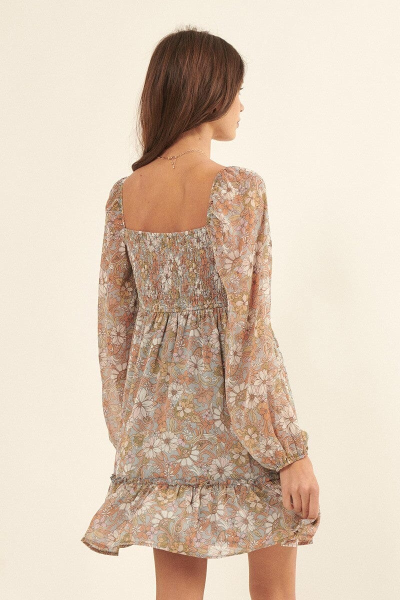 Cream Beige Floral Chiffon Sweetheart Neckline Ruched Bust Long Sleeve Tiered Mini Dress_ jehouze 