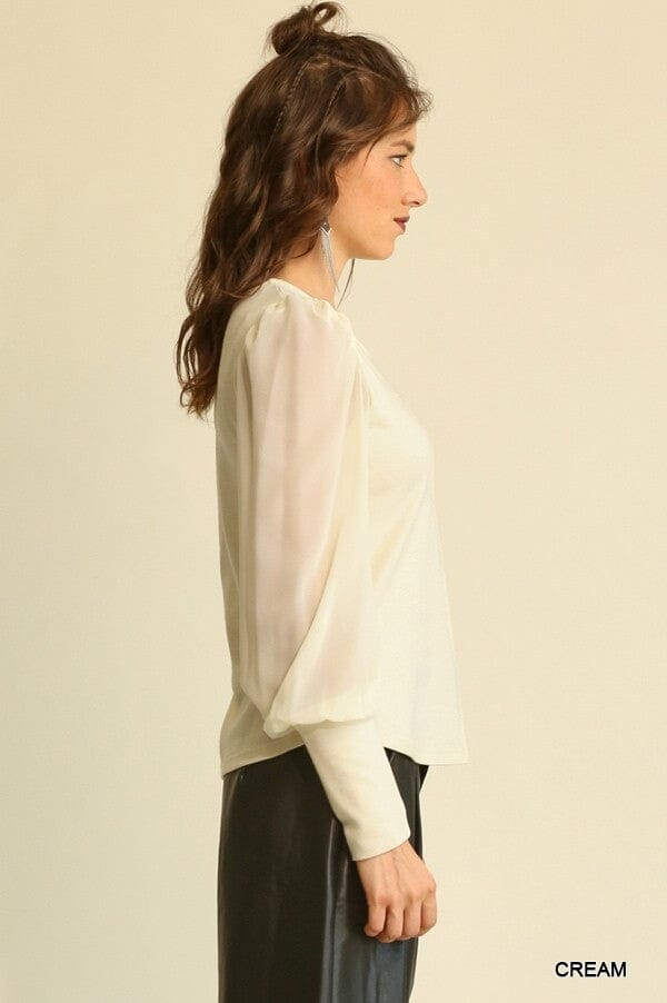 Cream Solid Round Neck Knit And Chiffon Mixed Long Sleeve Puff Top_ jehouze 