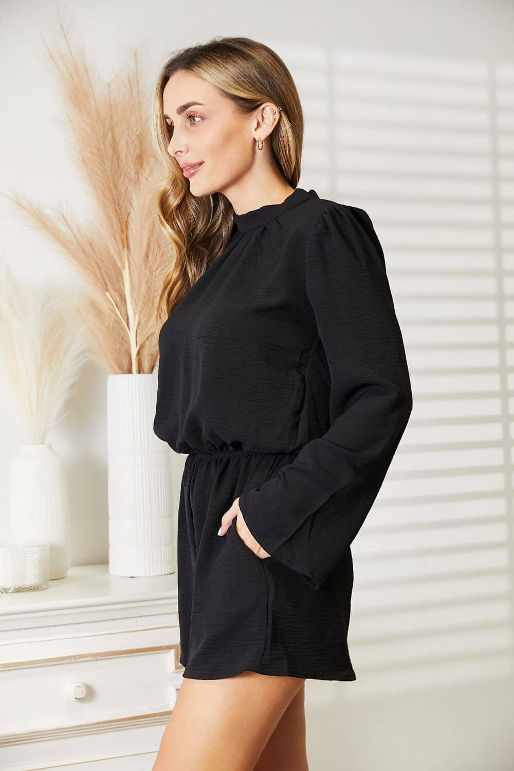 Culture Code Black Open Back Romper with Pockets Jumpsuits & Rompers jehouze 