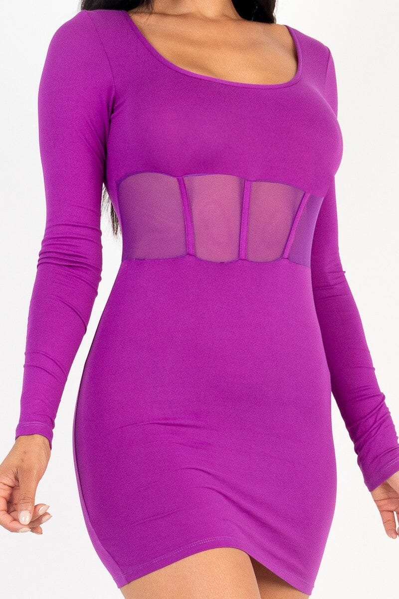 Dahlia Purple Square neck Long Sleeve Mesh corset Bodycon mini dress_ jehouze 