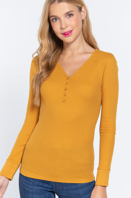 Deep Mustard Yellow Casual Long Sleeve V Neck Button Up Trendy Slim Fit Placket Thermal Top Shirts & Tops jehouze 