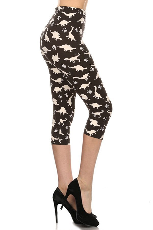 Dinosaur Printed High Waisted Capri Leggings With An Elastic Waist Women's Clothing jehouze 