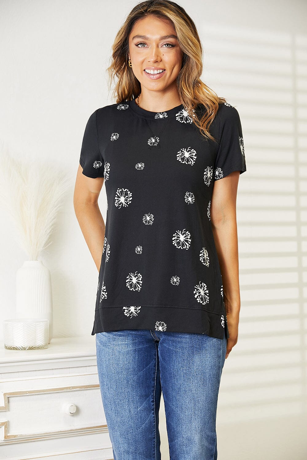 Double Take Black Dandelion Print Round Neck T-Shirt Top Shirts & Tops jehouze 